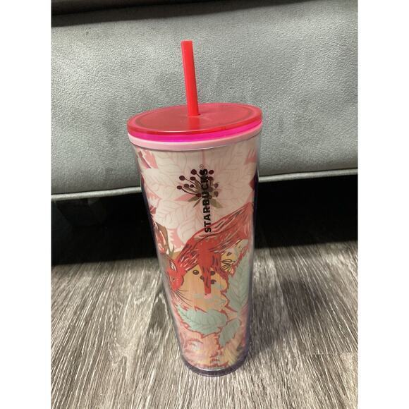 Starbucks Venti Holiday 2022 Red Marble 'Enchanted Forest‎ Pearl’ Floral Tumbler - Picture 1 of 8